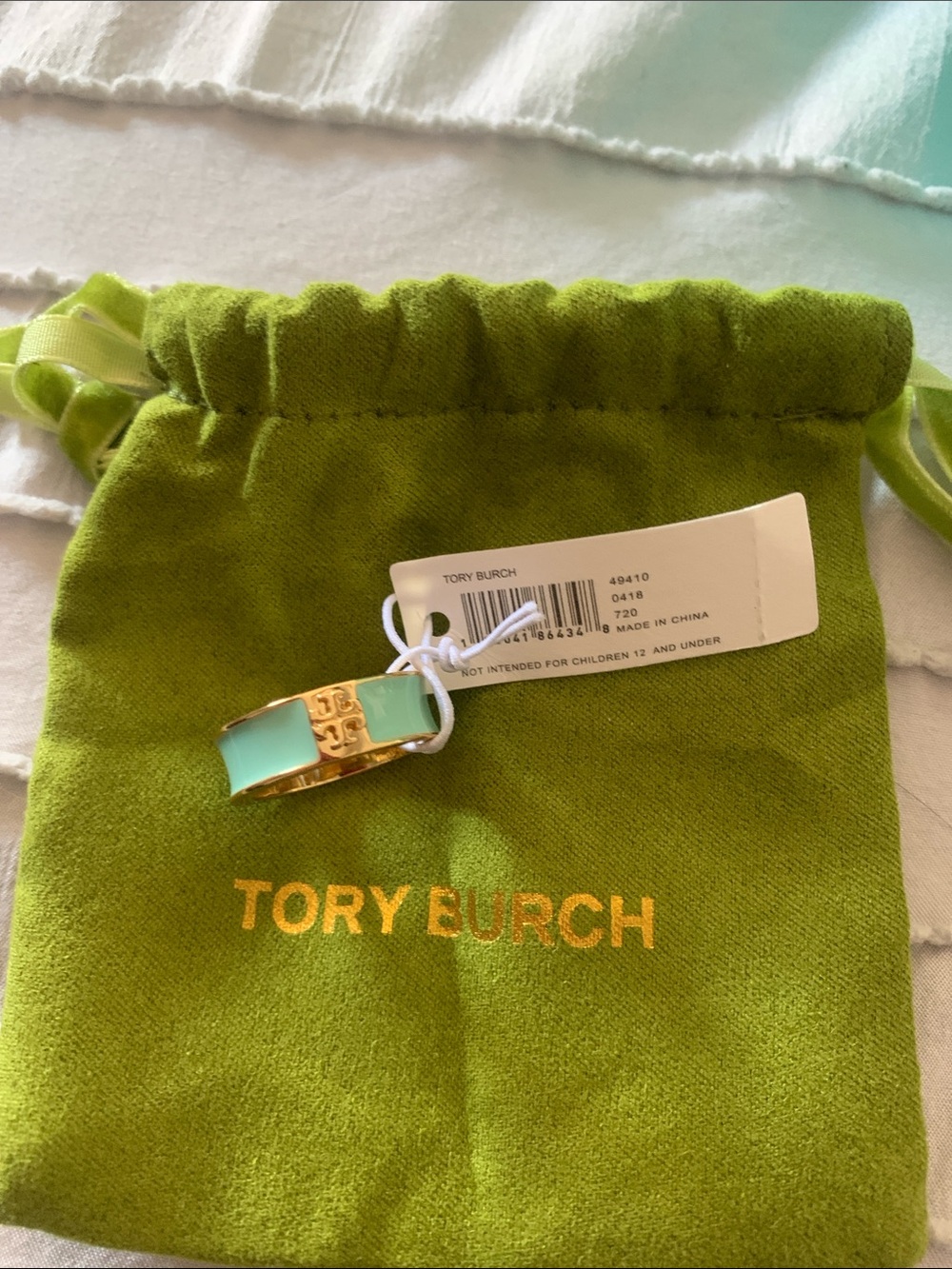 Tory Burch Gold Tone Ring with Tiffany Blue Enamel